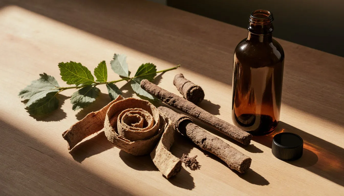 Sassafras bark, dried roots, and wintergreen leaves beside a bottle of root beer extract