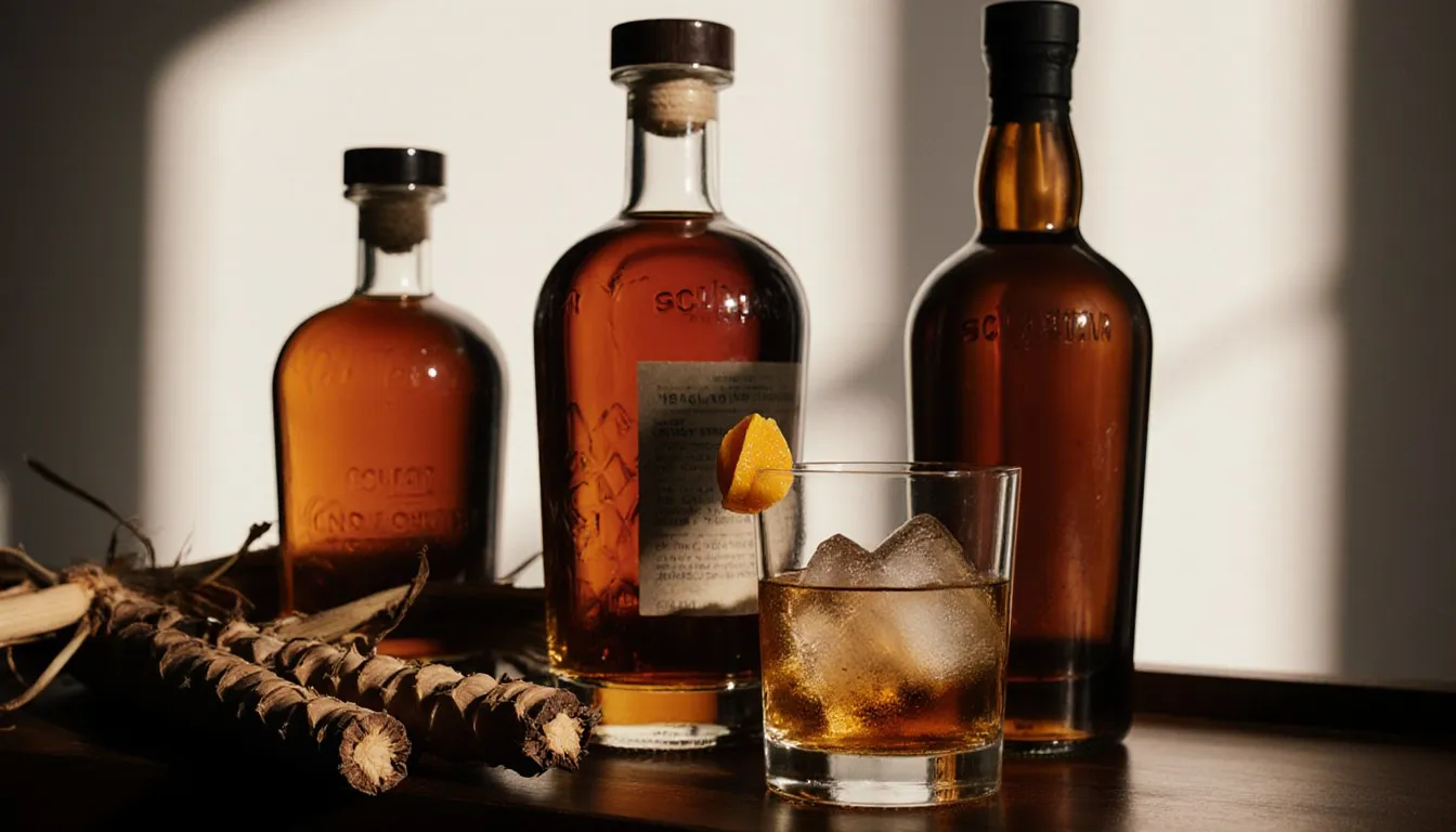 A row of unmarked amber rum bottles beside a poured glass of rum over ice on a wooden bar