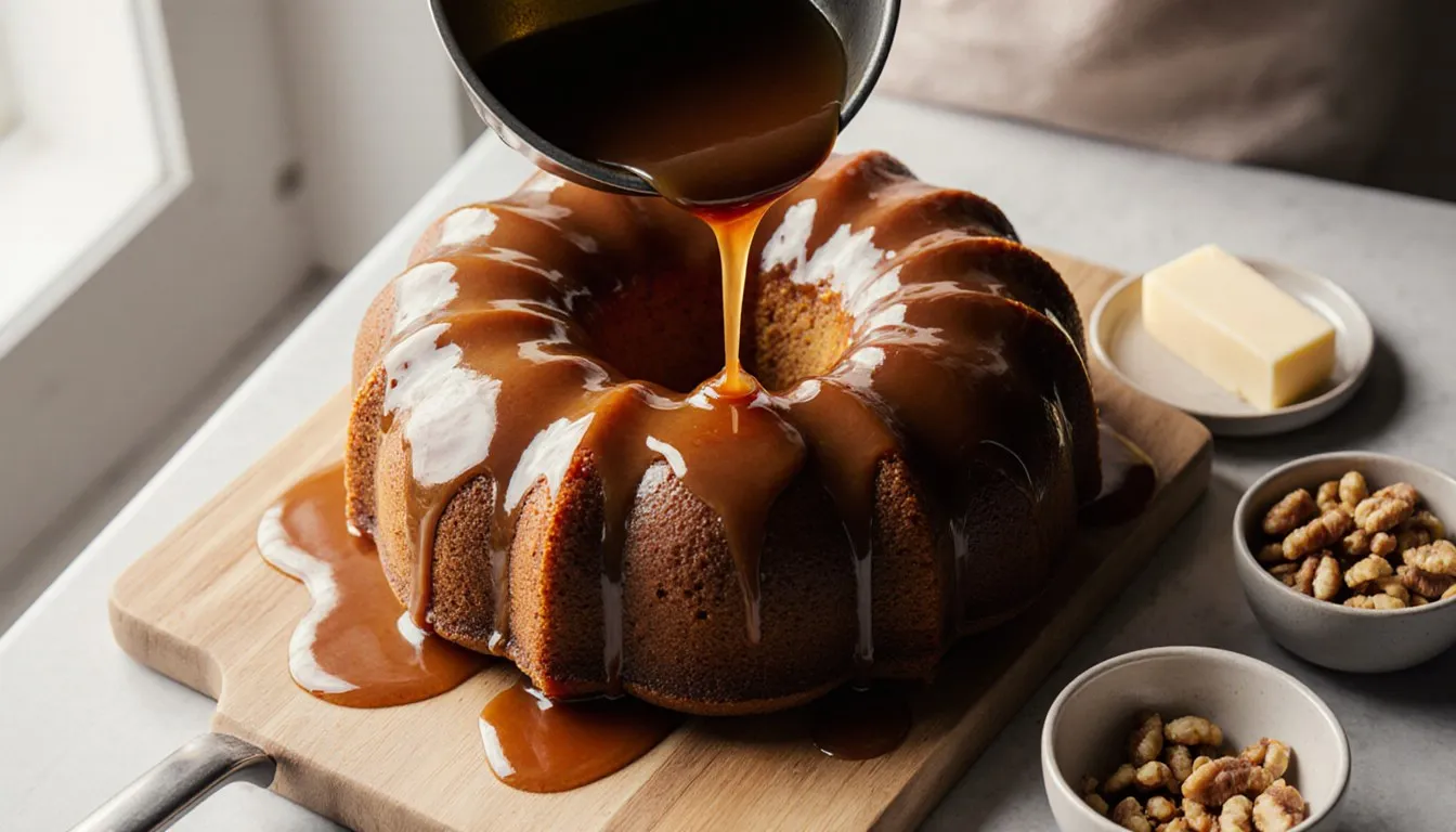Warm rum glaze poured over a golden bundt cake with chopped walnuts alongside
