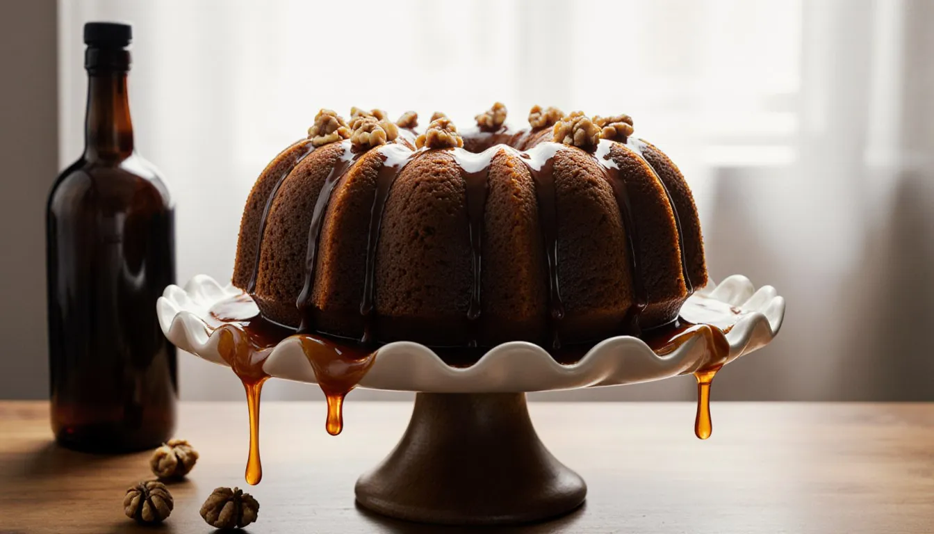 A glazed Bundt rum cake topped with chopped walnuts, glossy with rum glaze, on a cake stand