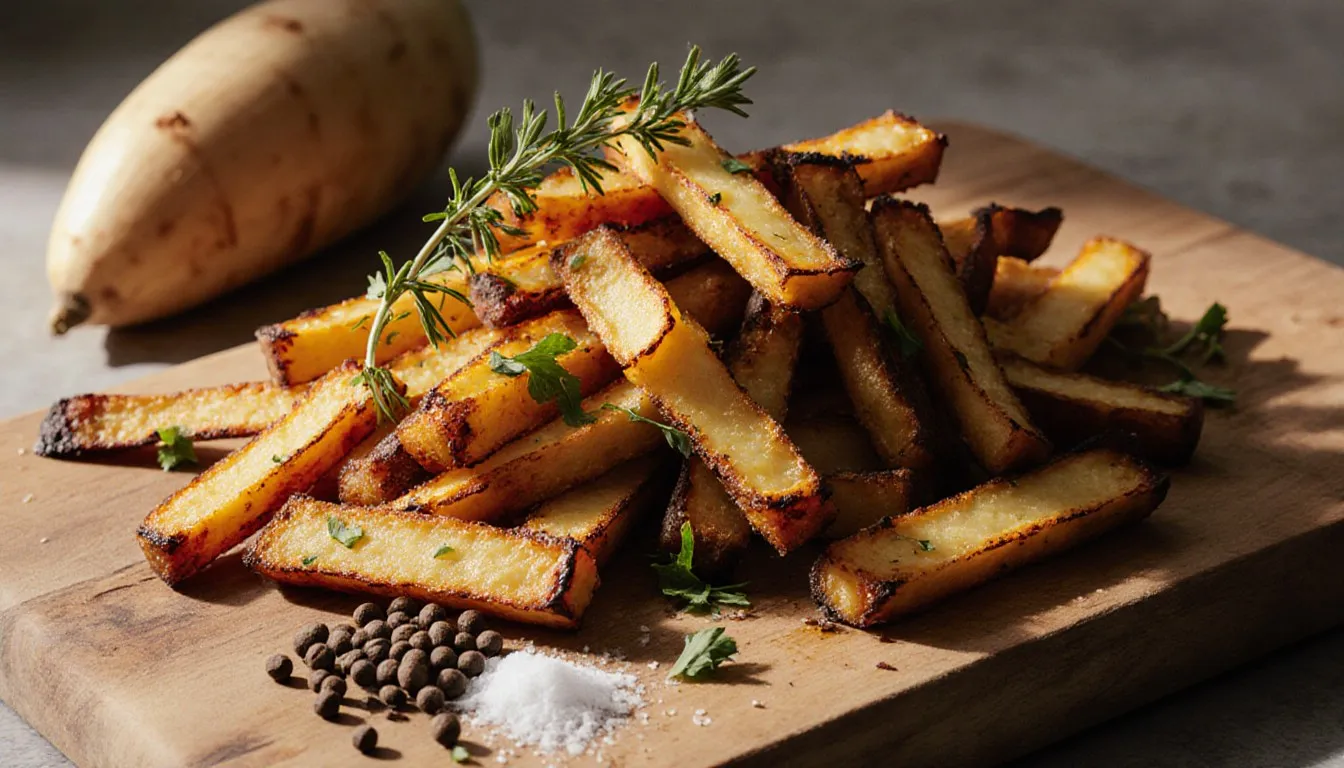 A pile of golden, crisp rutabaga fries on a wooden board, garnished with fresh thyme and pepper