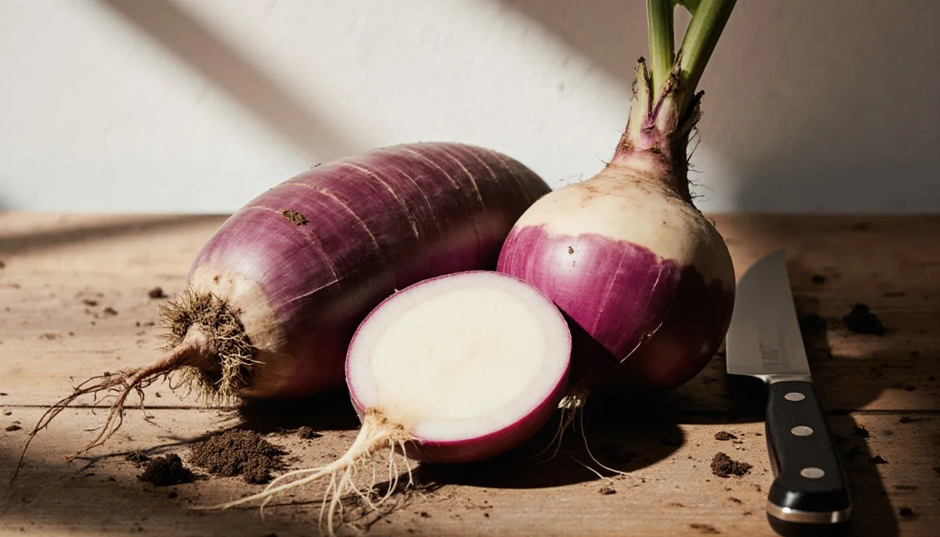 A whole rutabaga beside a halved turnip on a wooden kitchen counter, showing their skin and inner flesh