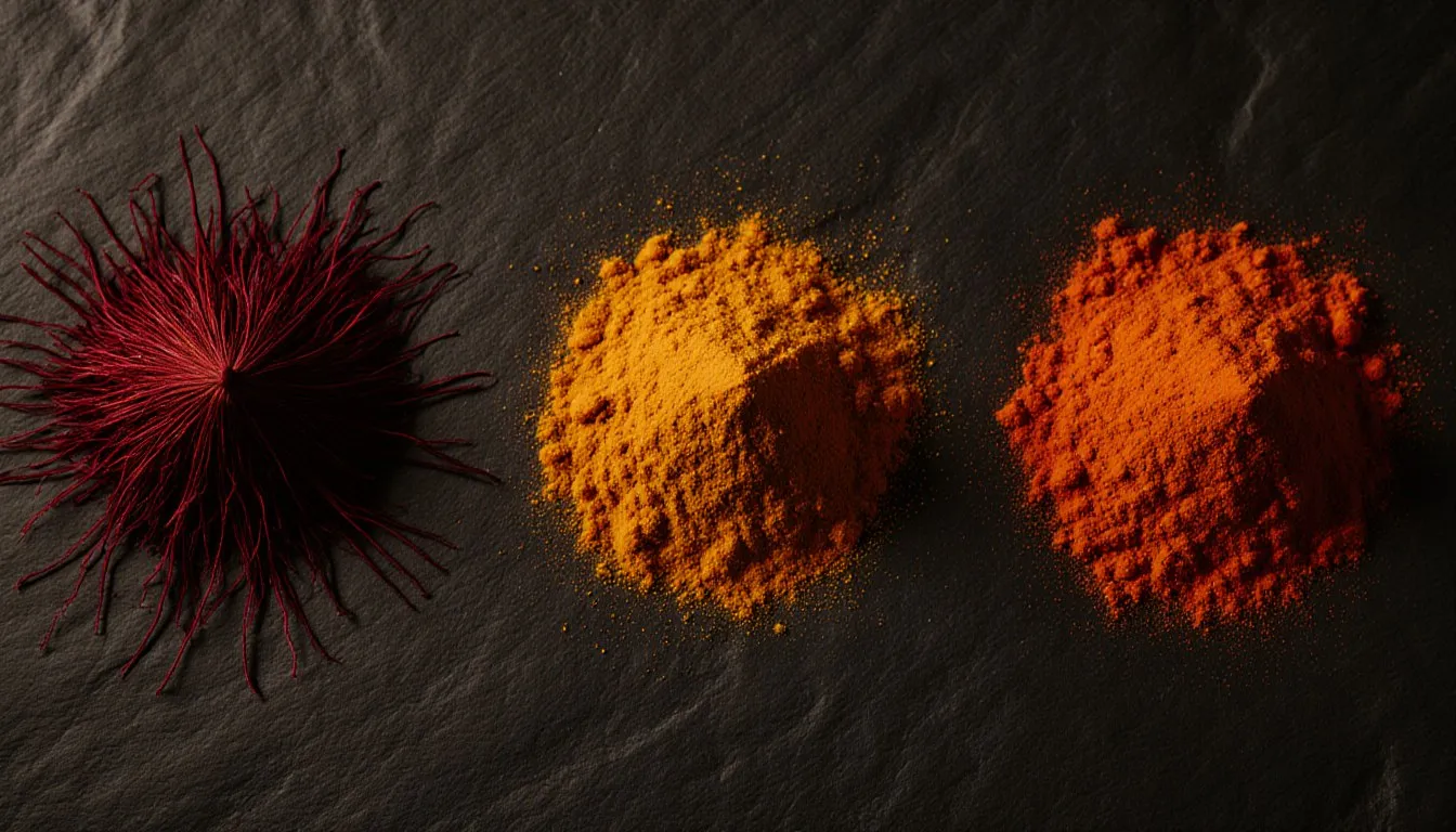Three piles of saffron threads, turmeric powder, and ground safflower on a dark slate surface