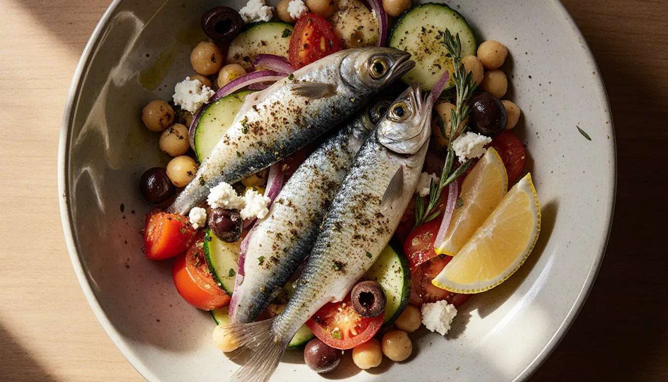 A bowl of sardine salad with tomato, cucumber, chickpeas, olives, and feta