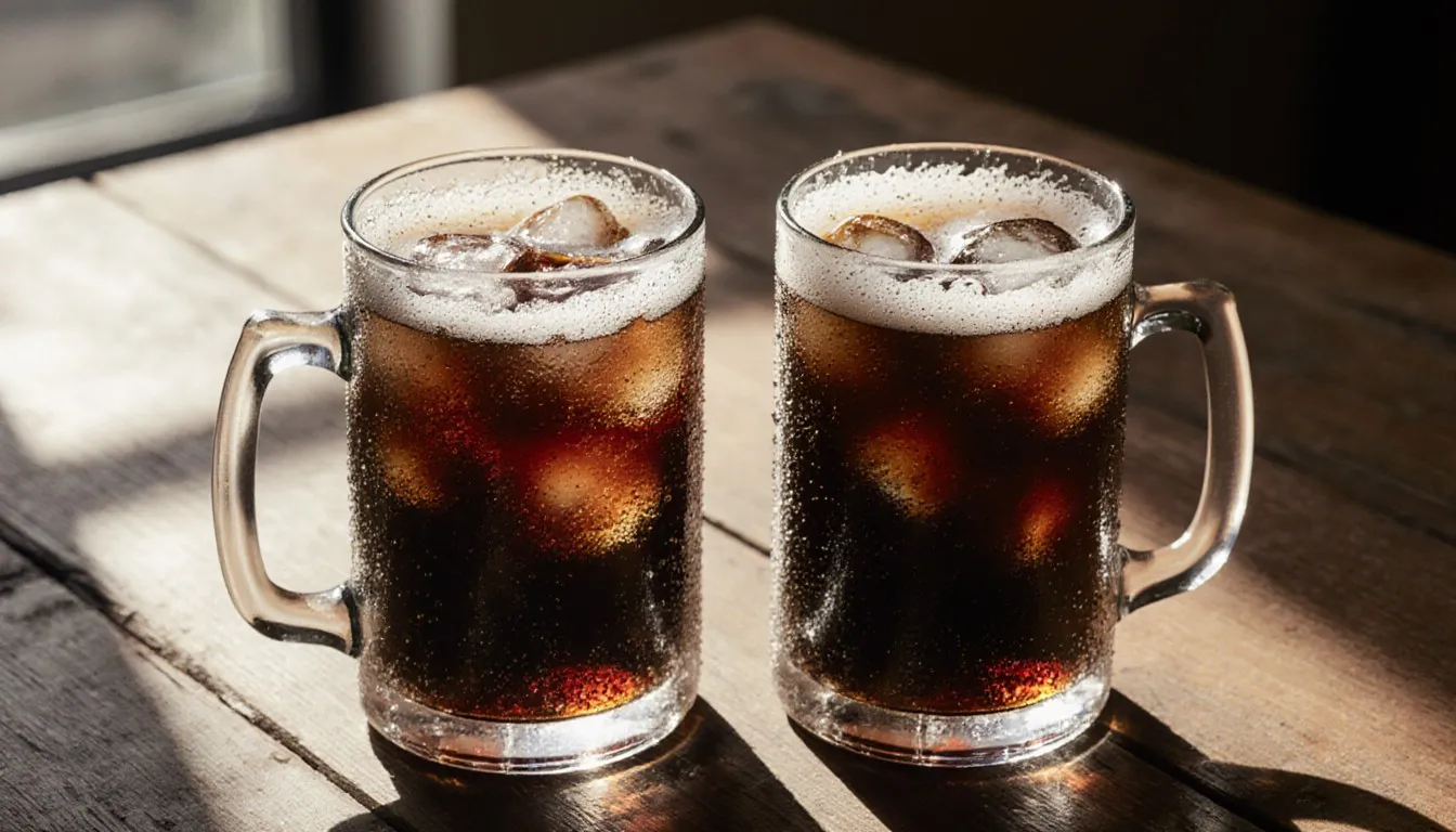 Two frosty glass mugs of dark soda, one sarsaparilla and one root beer, side by side on a wooden table