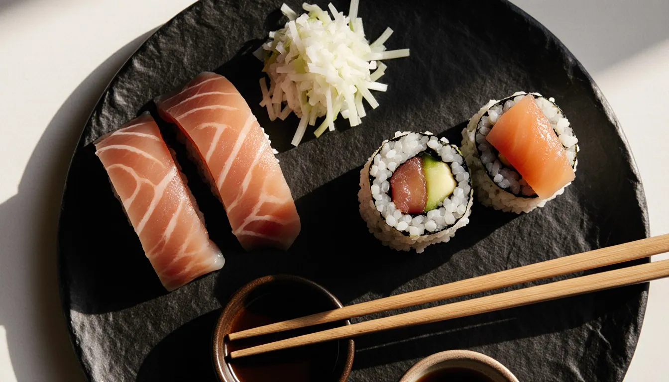 A plate comparing raw fish sashimi slices with nigiri and maki sushi pieces