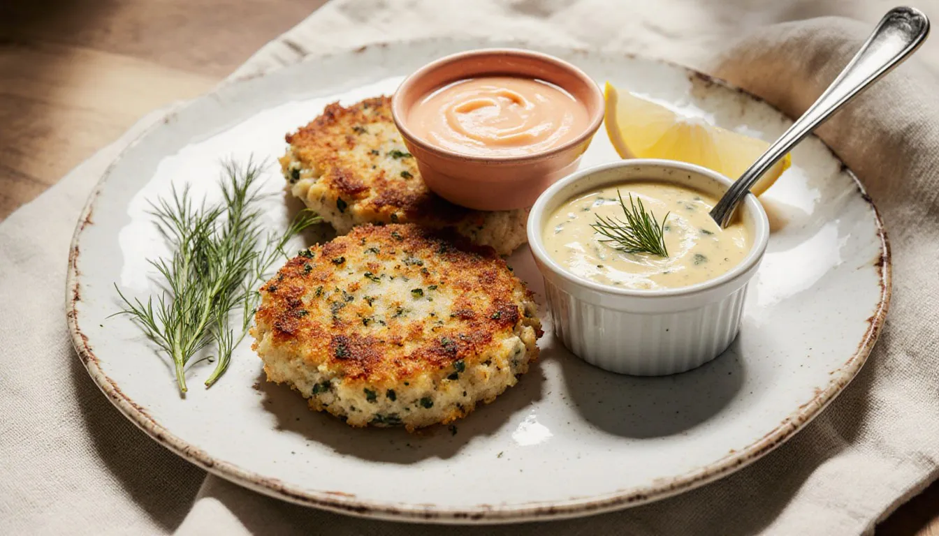 Golden crab cakes served with small bowls of creamy dill and remoulade dipping sauces