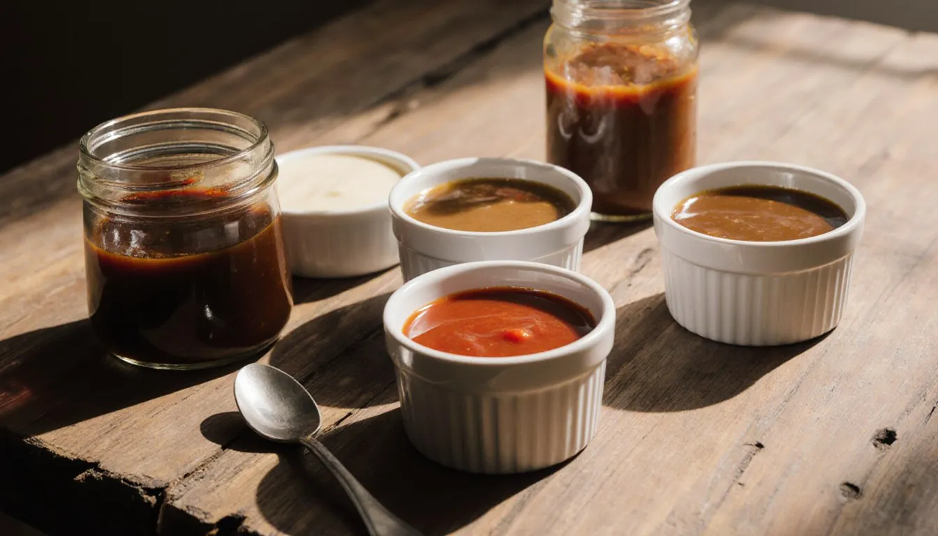 Two glass jars and four small white bowls of sauces, dark, red, creamy, and glossy brown, on a rough wooden table