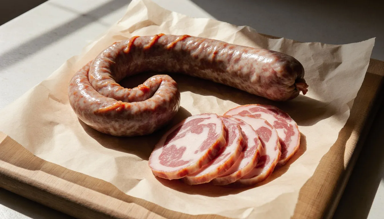 A coil of fresh raw sausage and four fanned slices of cured coppa laid out on butcher paper on a wooden board