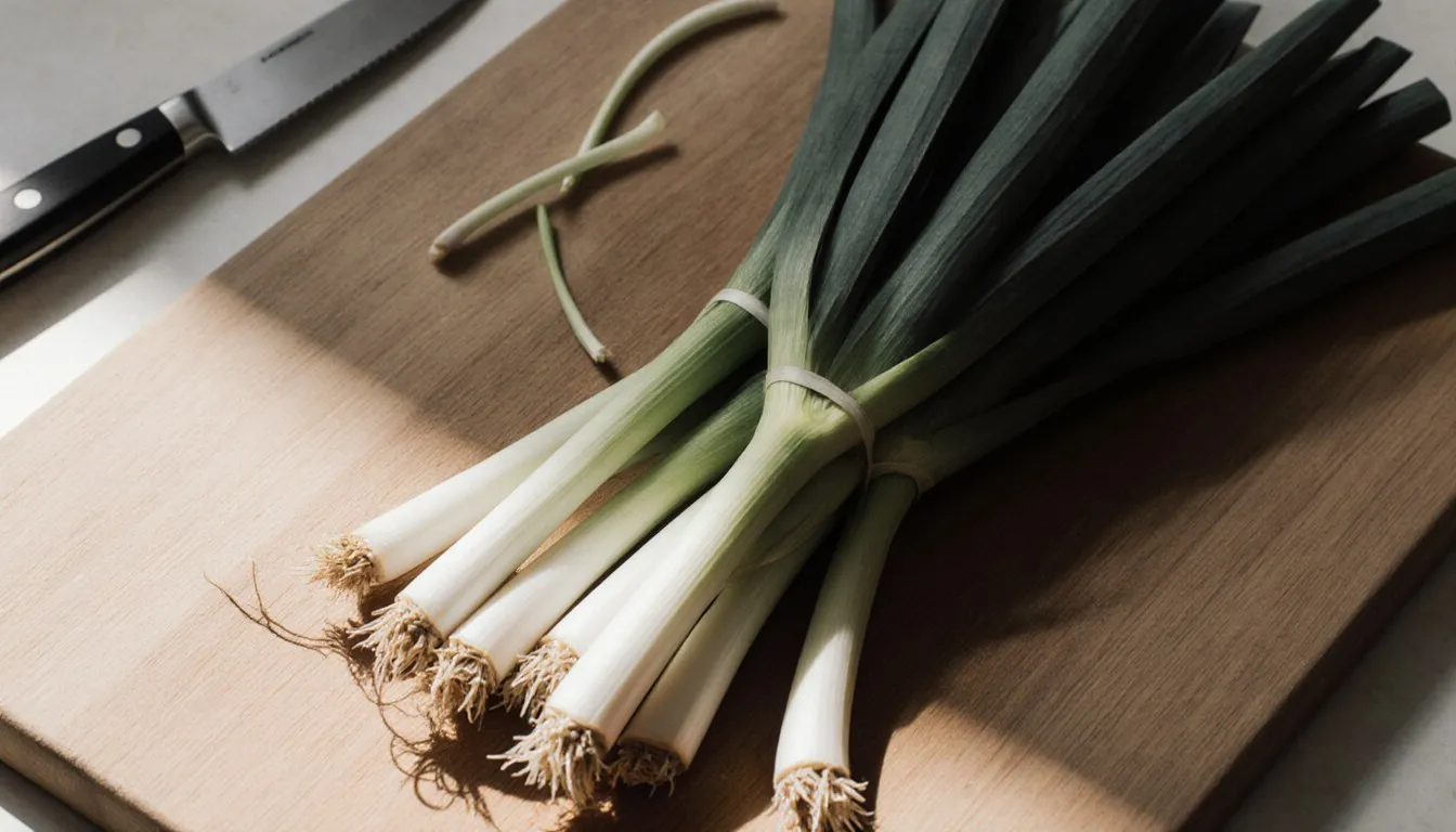 A bundle of fresh green onions with white bulbs and green tops resting on a wooden cutting board