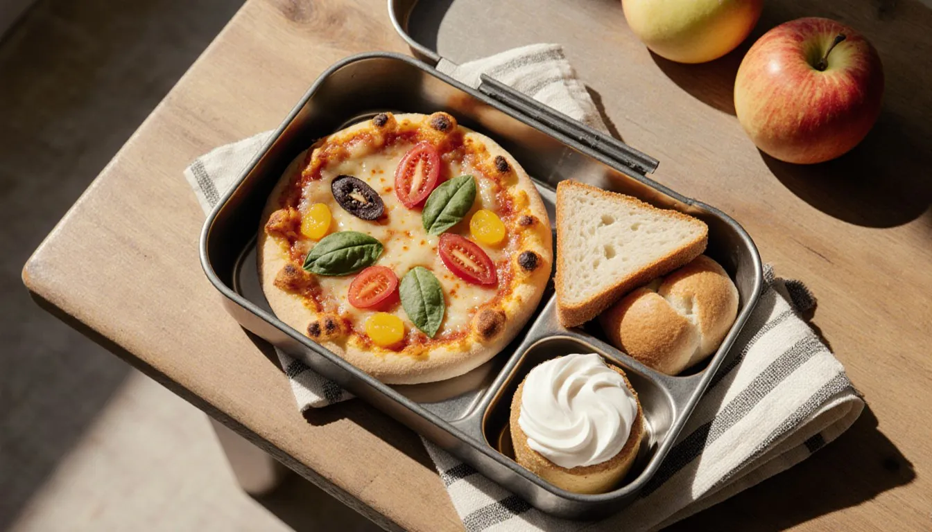 An open lunch box with a mini pizza, sandwich, cake slice, and roll arranged together