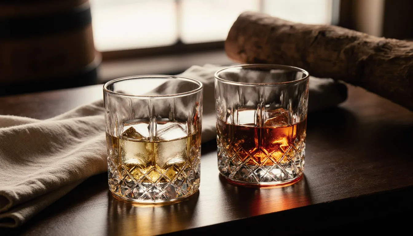 Two whiskey glasses on a bar, one with pale Scotch and one with deeper amber Bourbon