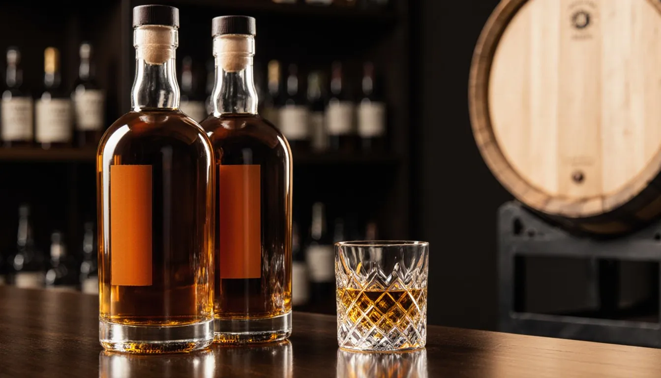 Two amber whisky bottles beside a crystal glass of scotch on a dark wooden bar