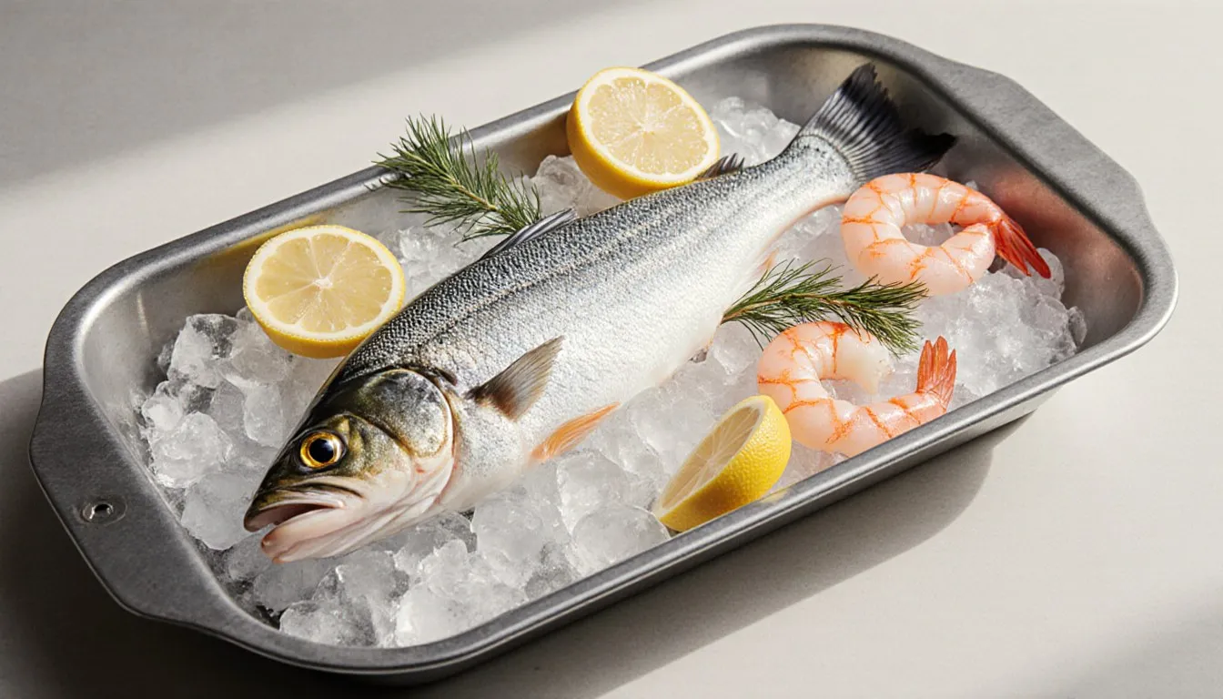 Whole fresh fish and shrimp on crushed ice with lemon halves and dill