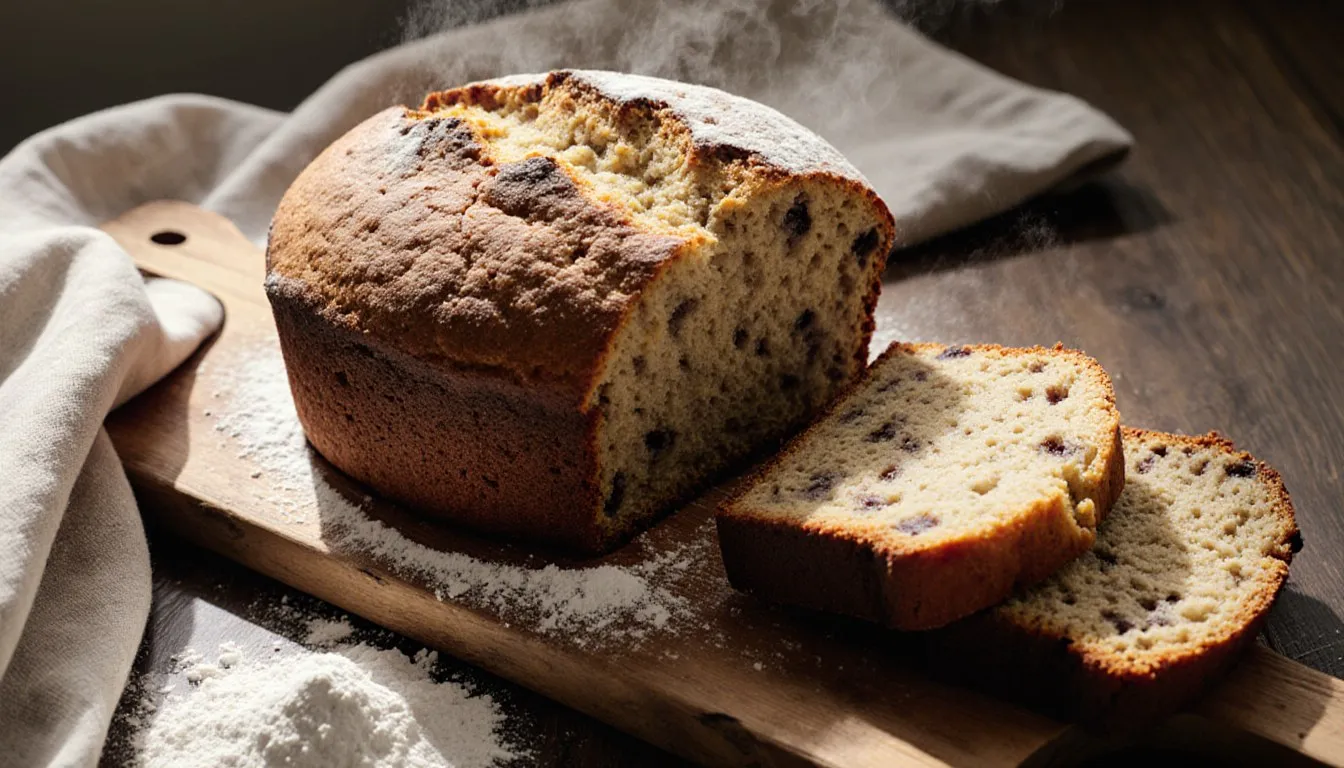 A freshly baked loaf of homemade quick bread, sliced open to reveal its soft golden crumb, on a wooden board.