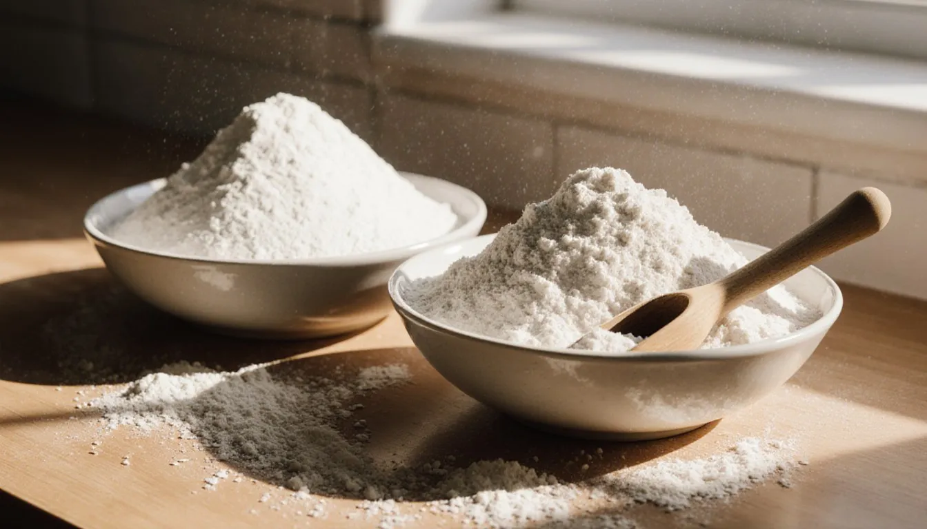 Two bowls of flour on a kitchen counter, illustrating the comparison between self-rising and all-purpose flour