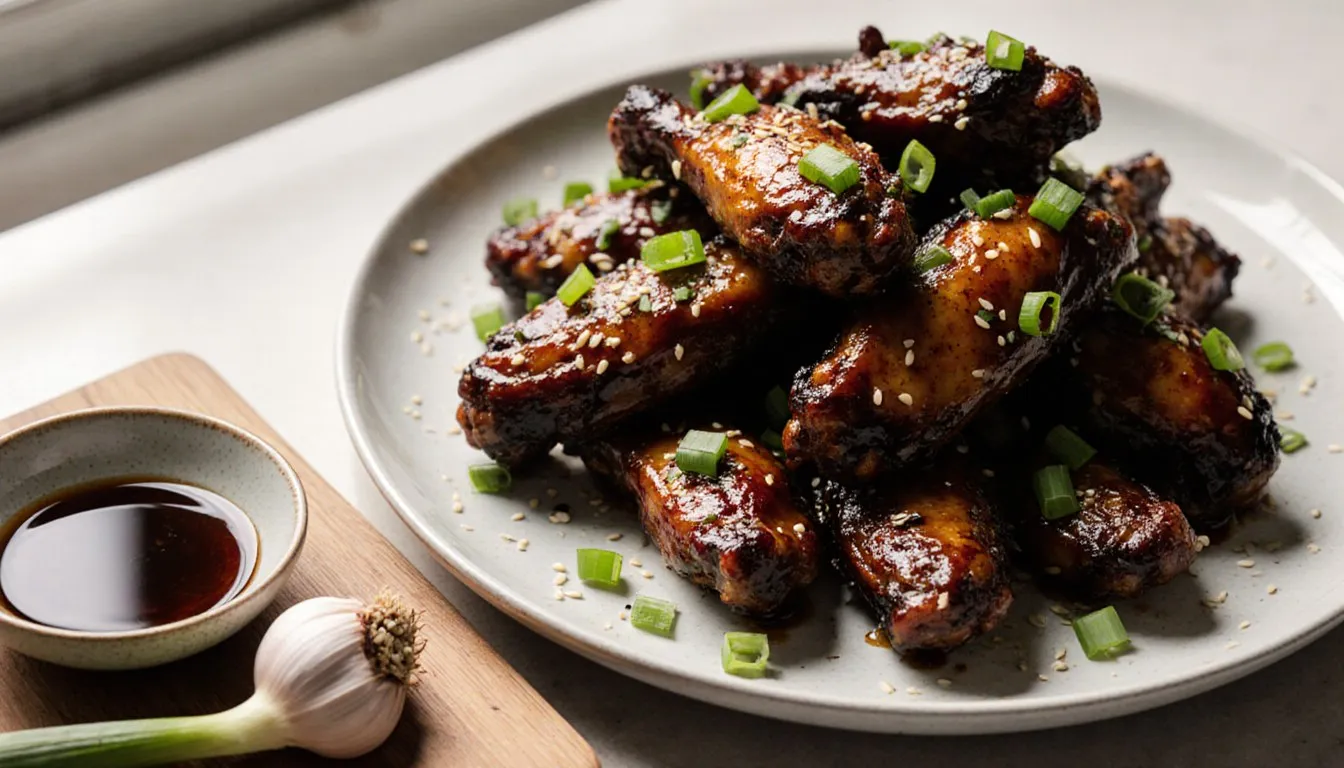 Glossy soy-sesame glazed chicken wings garnished with green onion beside a small dish of sesame oil and garlic