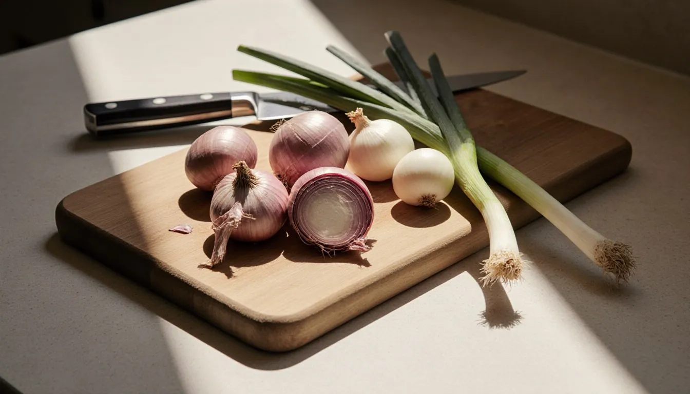 Shallots, small white onions, and scallions arranged on a wooden cutting board as substitute ingredients