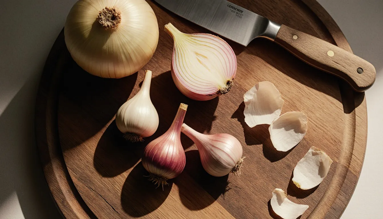 Whole shallots beside halved yellow onions on a wooden cutting board, showing their differing shapes and layers