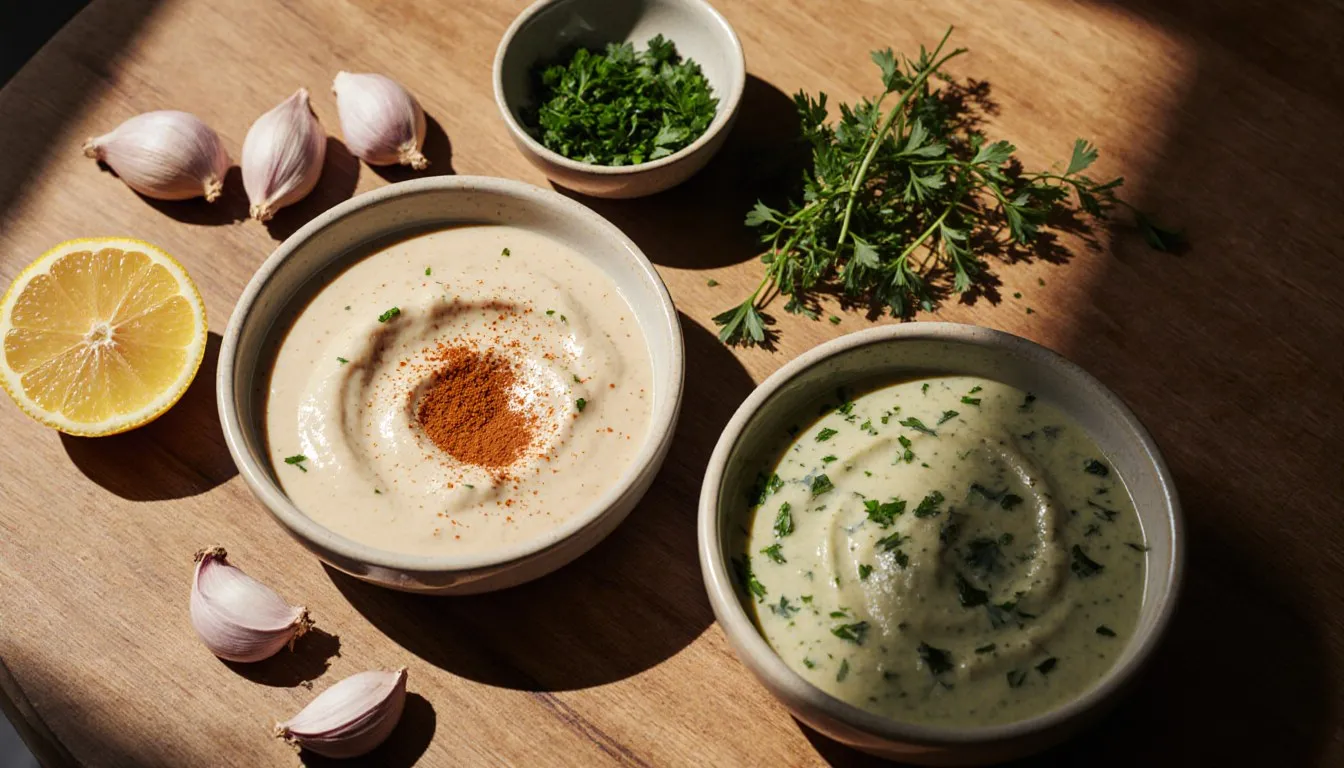 Bowls of tahini and tarator sauce garnished with paprika and parsley, surrounded by lemon and garlic