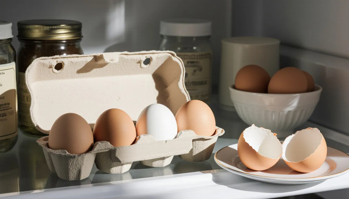 An open carton of eggs on a refrigerator shelf next to peeled hard-boiled eggs and a bowl of shelled eggs