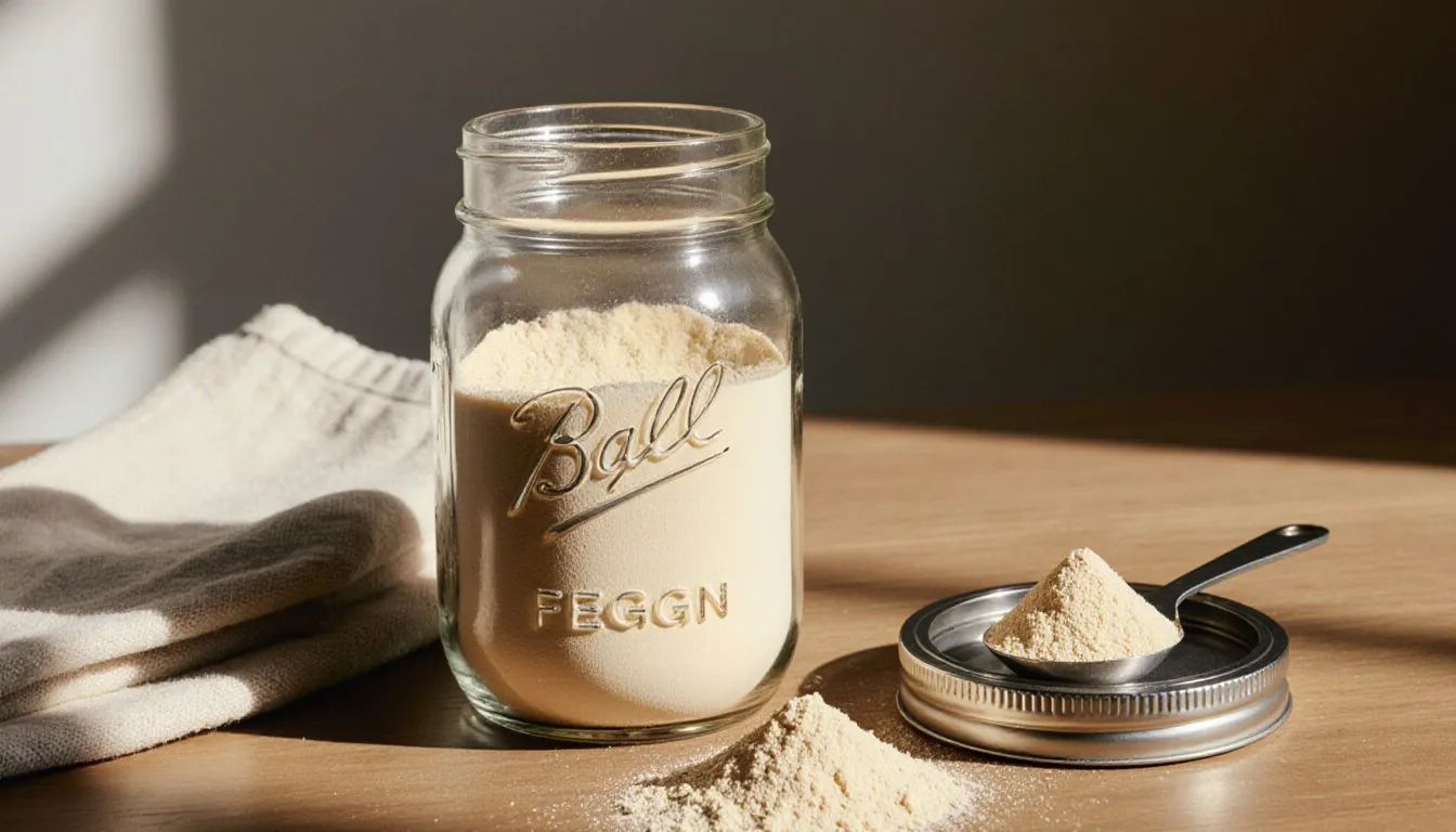 A glass jar of powdered eggs with its lid off and a scoop of the pale yellow powder beside it