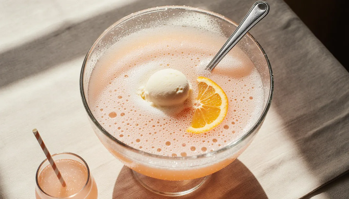 A glass bowl of fizzy orange sherbet punch garnished with a floating orange slice