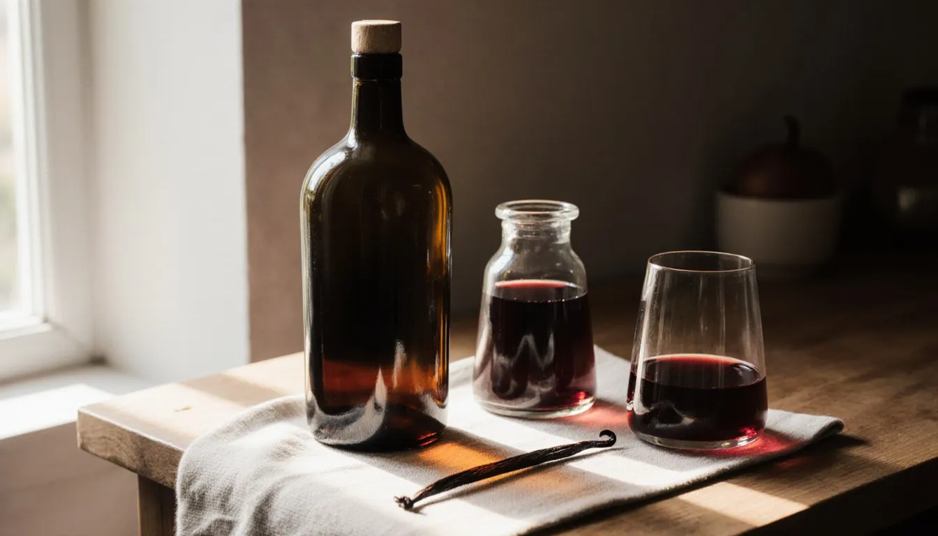 A bottle of sherry beside apple cider vinegar, red wine, and a vanilla bean on a kitchen counter