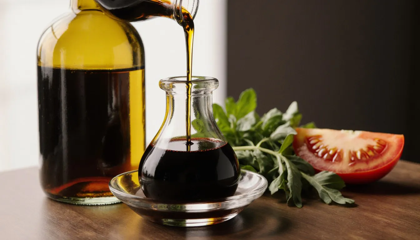 Dark balsamic vinegar and olive oil being combined as a dressing, a substitute for sherry vinegar
