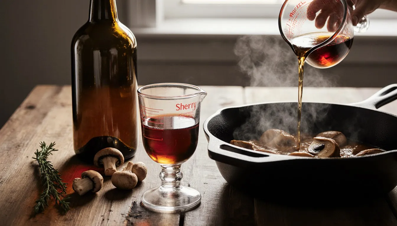 A bottle and glass of sherry wine beside a skillet of mushroom sauce being deglazed with sherry