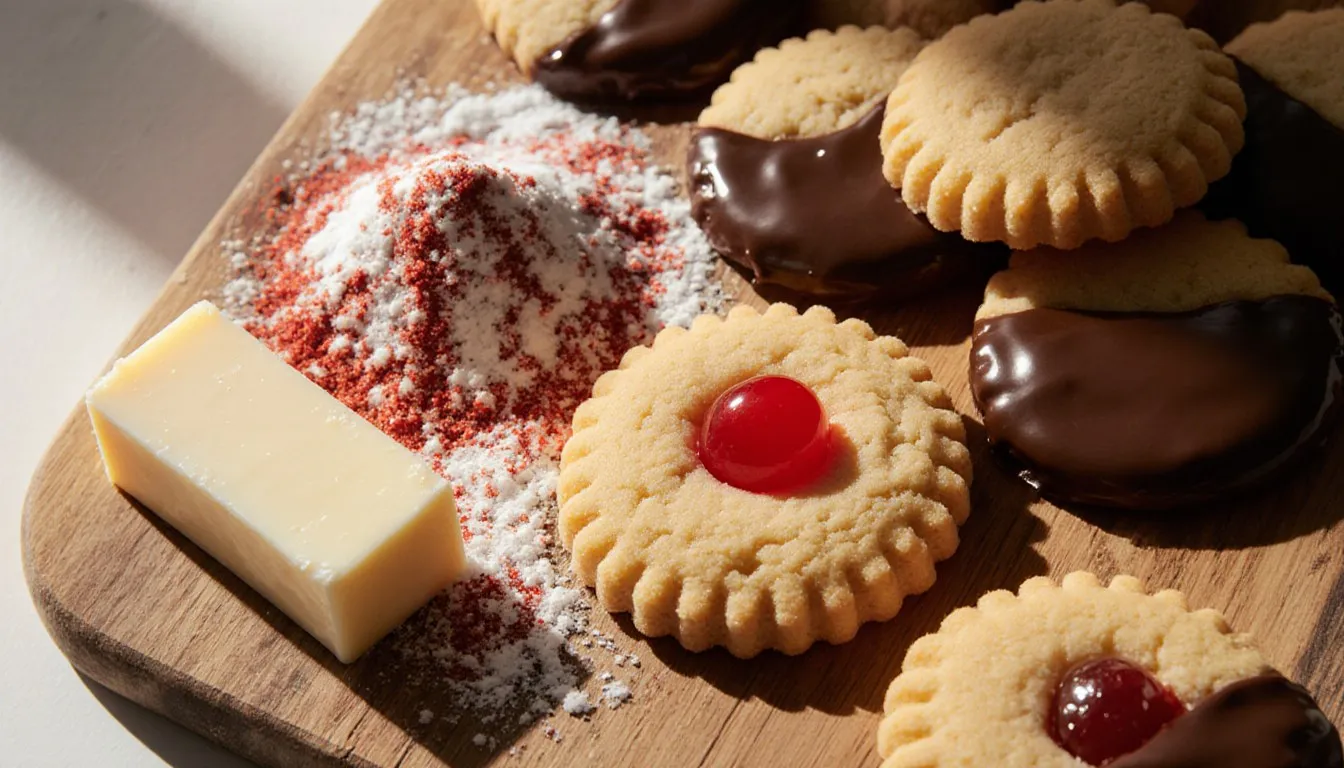 Golden shortbread cookies, some dipped in chocolate and topped with a cherry, on a wooden board