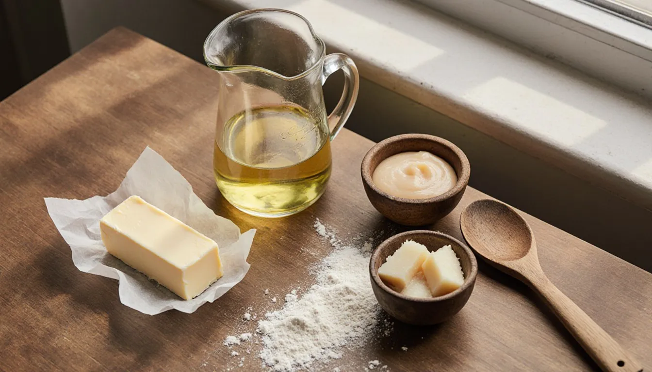 Butter, oil, applesauce, and rendered fat arranged together as shortening substitutes for baking