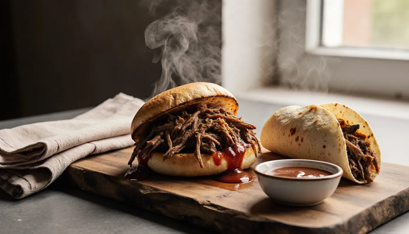 A shredded beef sandwich, taco, and enchilada arranged together on a wooden board