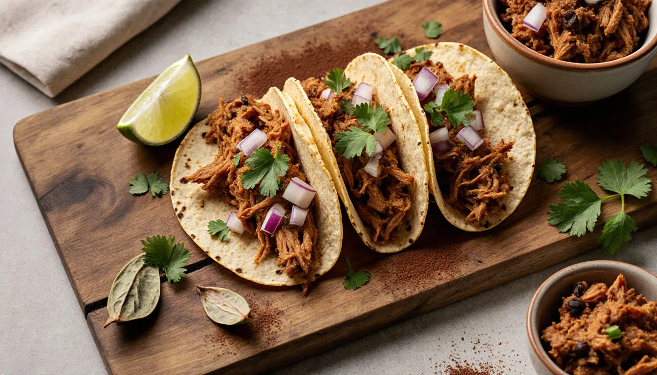 Soft tacos filled with spiced shredded chicken, topped with onion and cilantro, beside a bowl of the filling