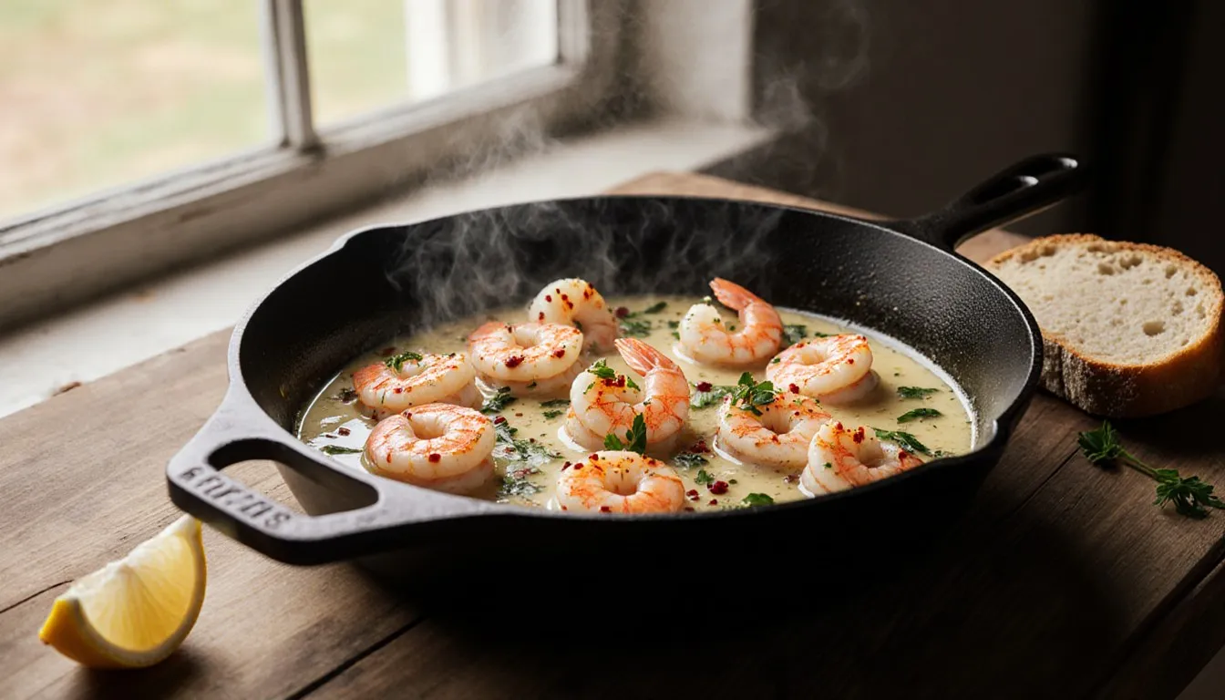 A skillet of shrimp scampi in garlic butter sauce with parsley, lemon, and crusty bread on the side
