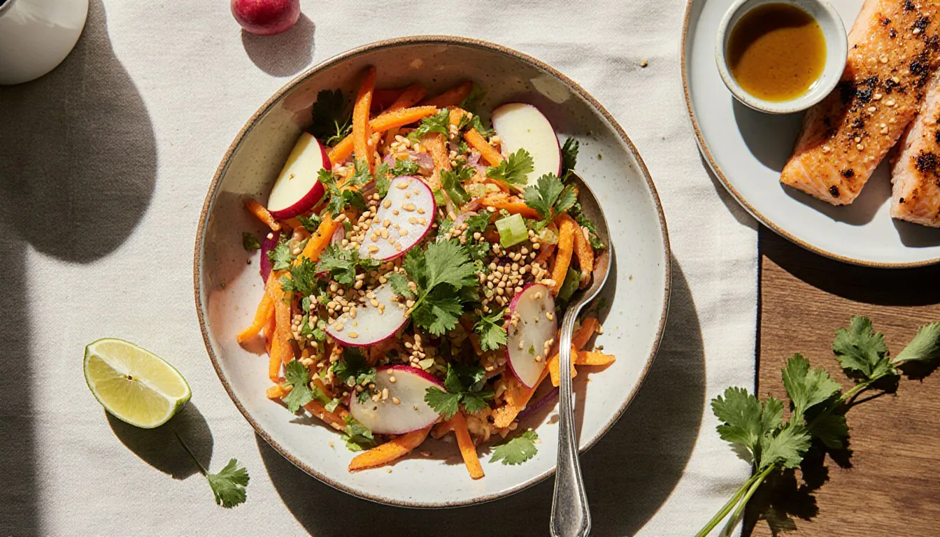 A bowl of julienned sweet potato and apple slaw served beside grilled fish, garnished with sesame seeds and cilantro