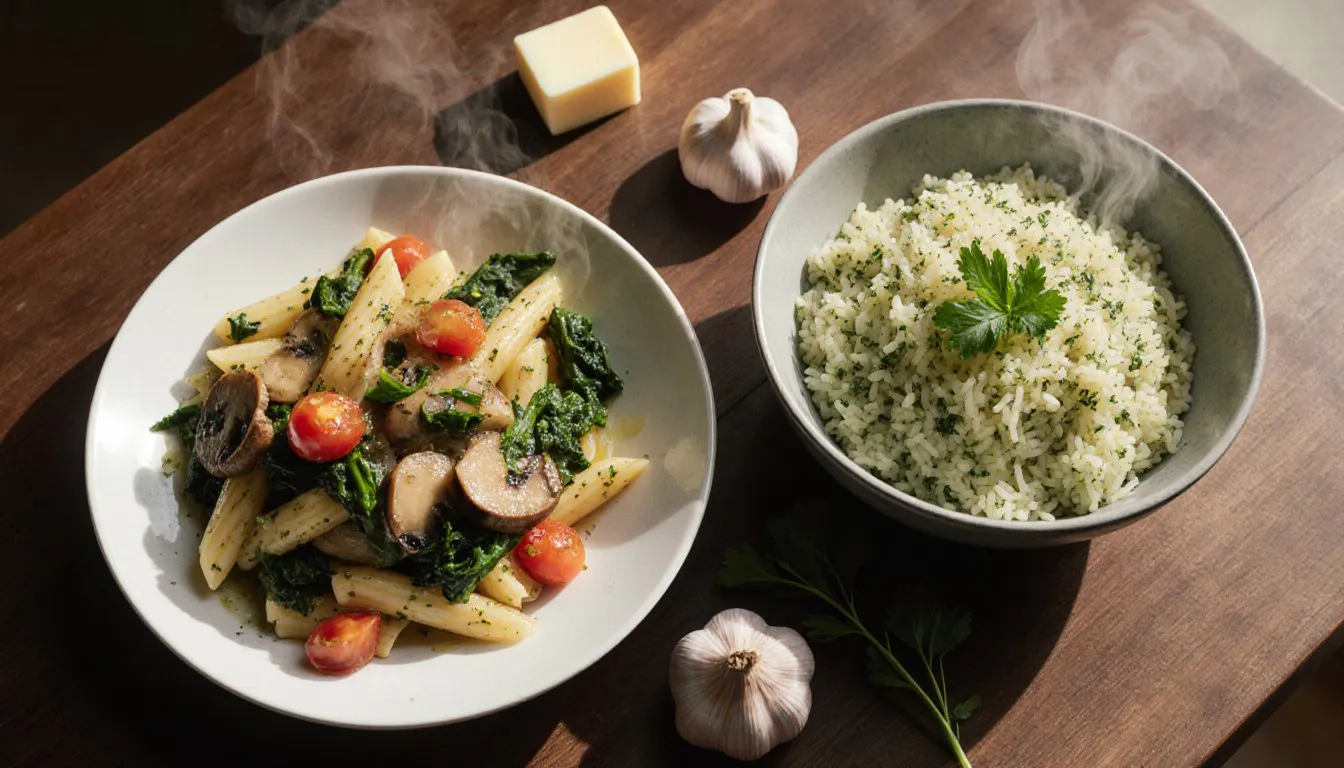 Garlic veggie pasta sauté and herbed green rice, popular side dishes served with salmon