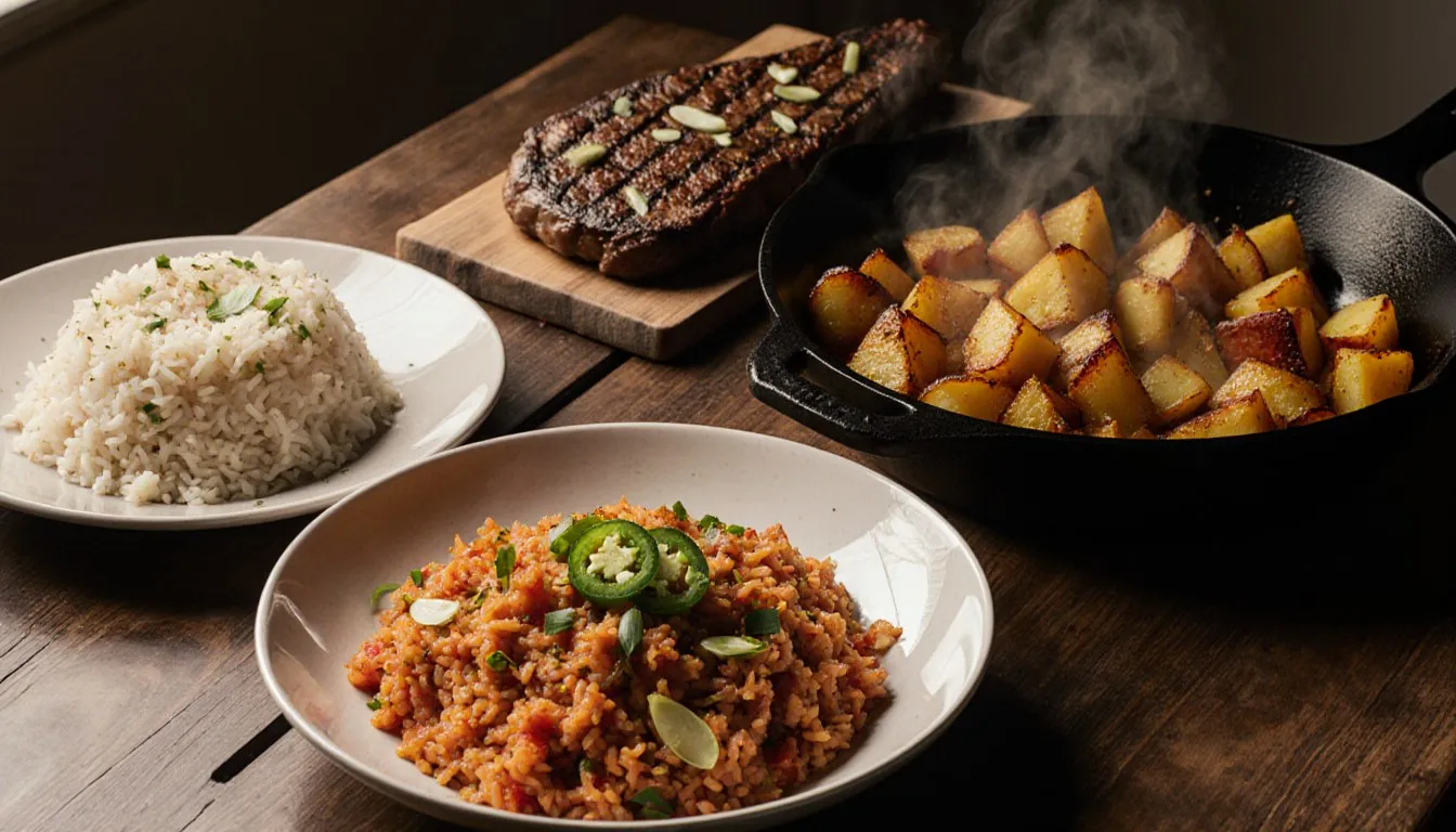 Mexican rice, sautéed potatoes, and garlic rice arranged beside a seared steak on a wooden table
