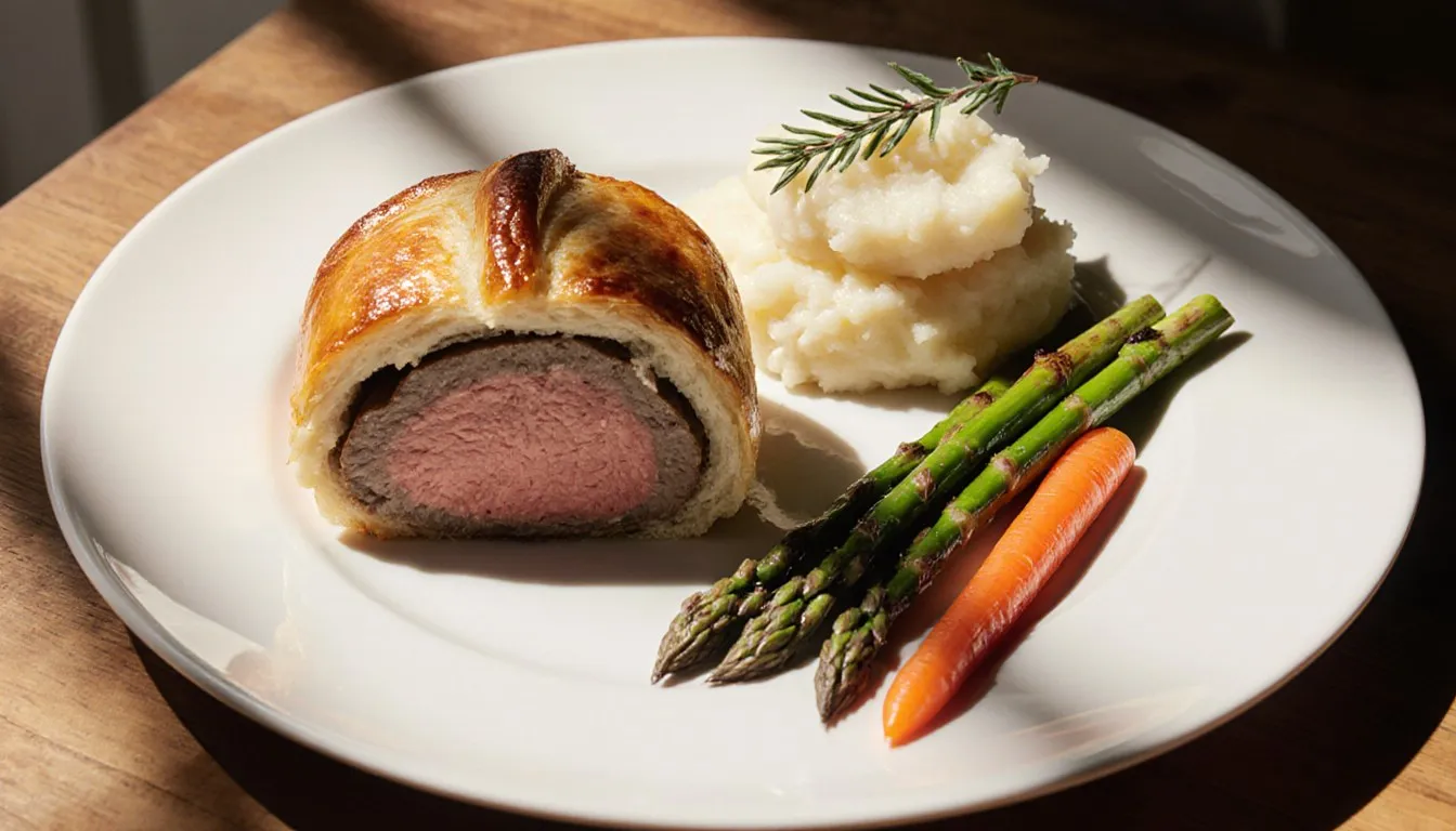Sliced beef Wellington served with mashed potatoes, roasted asparagus, and glazed carrots