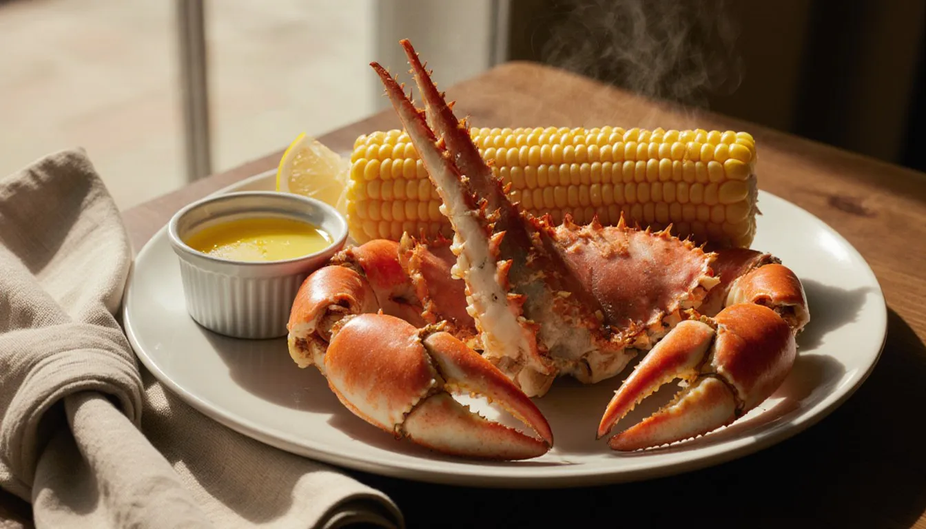 Steamed crab legs served with corn on the cob and melted butter on a wooden table