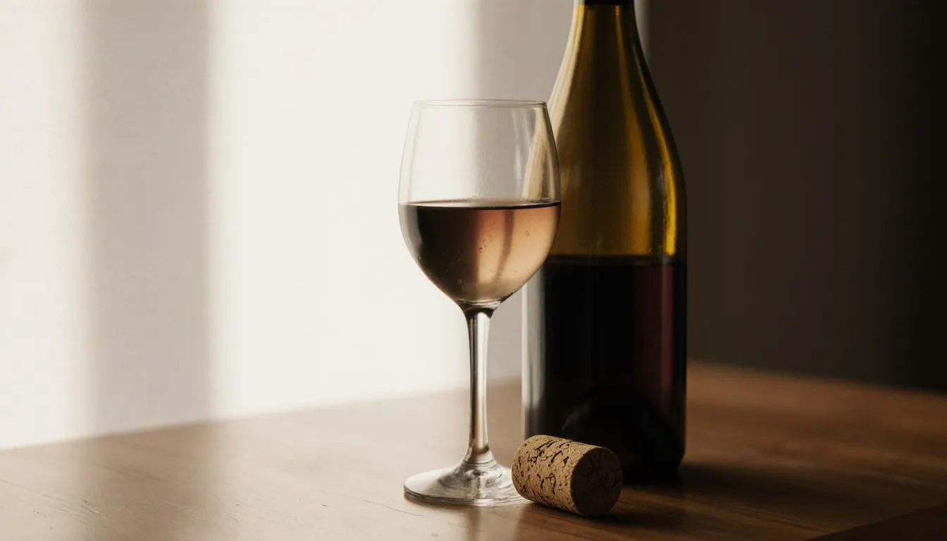 A glass of dull, brownish wine beside an open bottle and its cork, signs of wine that has gone bad