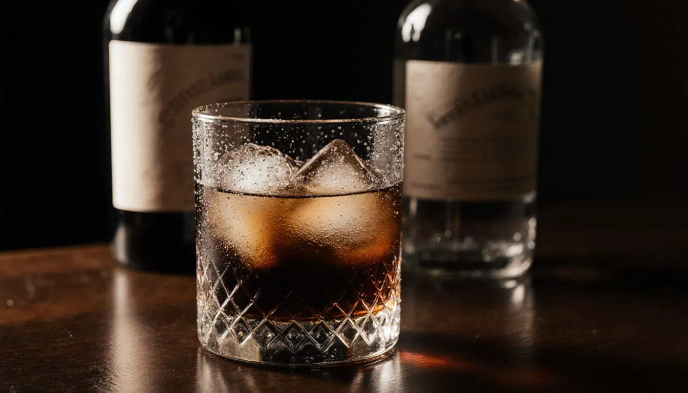 A Black Russian cocktail with ice in a glass on a dark bar, bottles blurred in the background