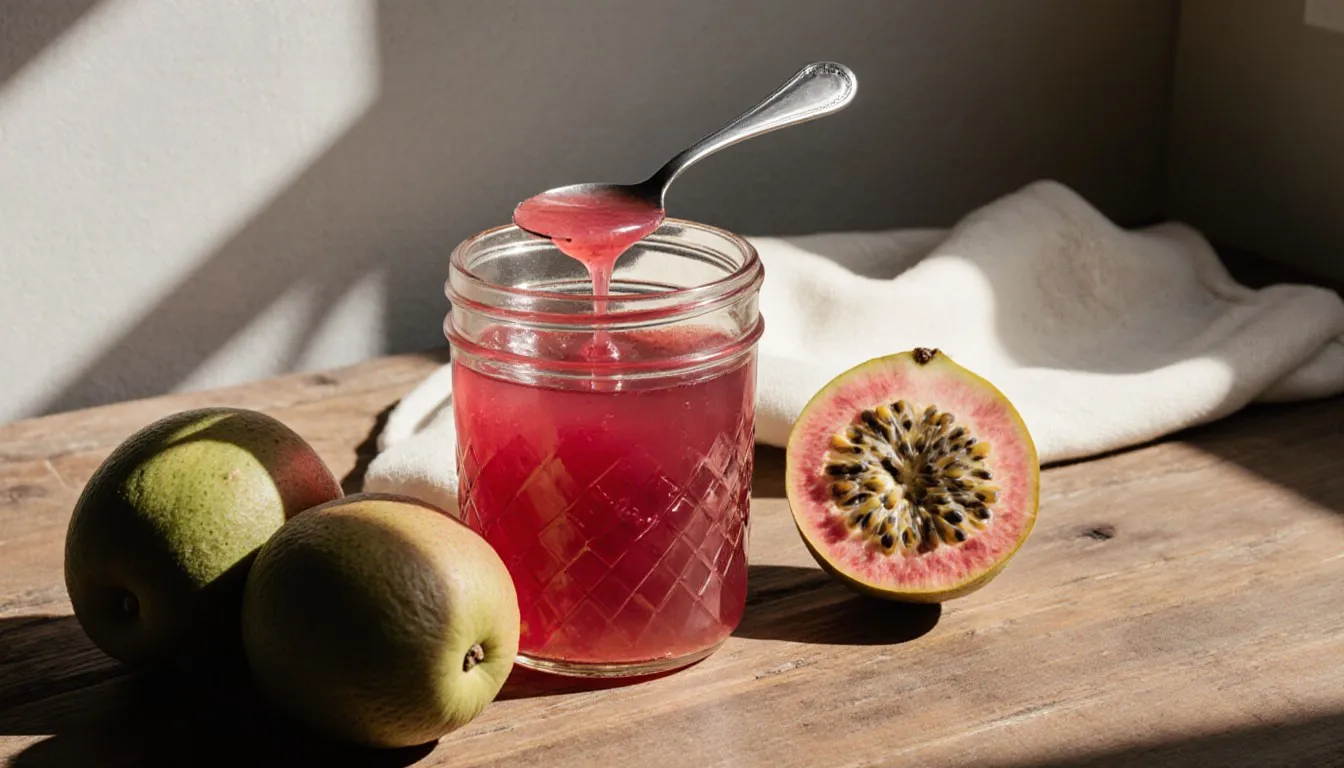 A jar of glossy pink guava jelly beside fresh whole and halved guavas on a wooden counter