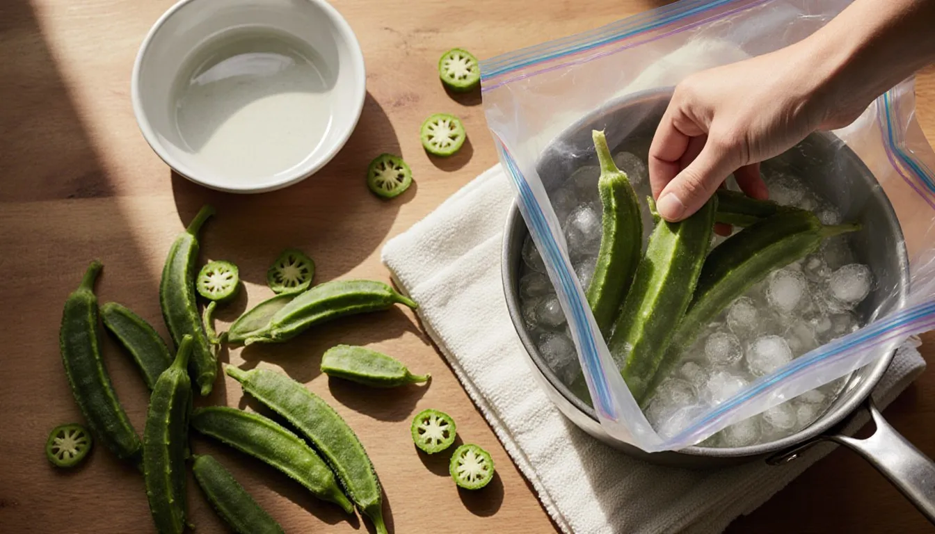 Fresh okra pods being packed into a freezer bag after blanching, ready for winter storage