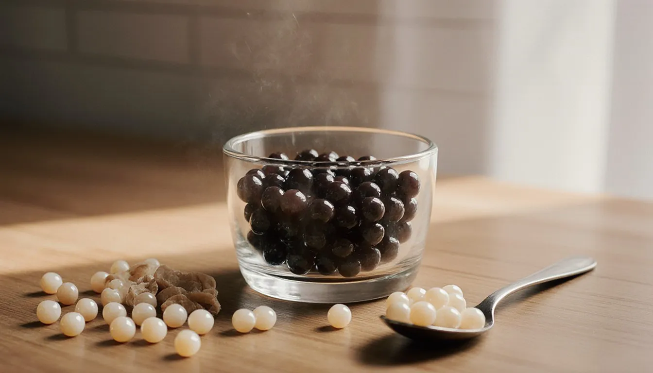 Glossy cooked tapioca pearls in a bowl beside a spoonful of raw opaque tapioca pearls on a counter