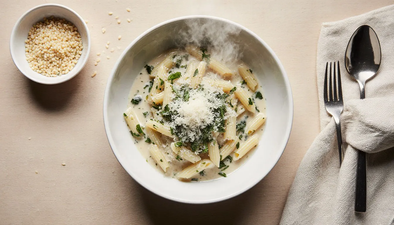 A bowl of creamy cooked orzo beside a dish of raw orzo grains, showing its rice-like shape