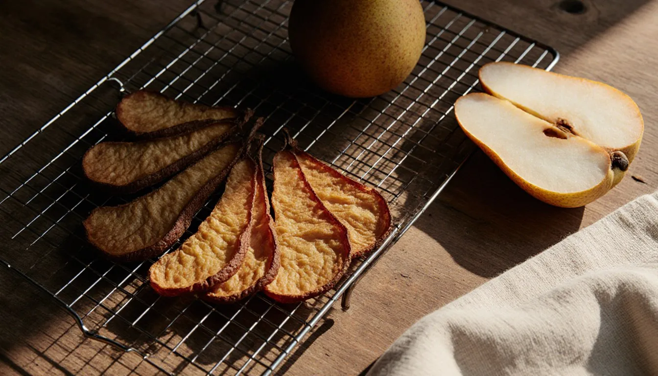 Golden dried pear slices on a wire rack next to a fresh halved pear in soft natural light