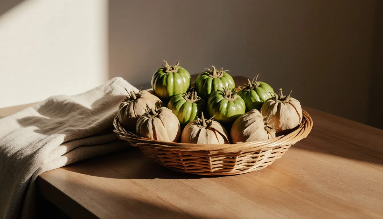 A wicker basket of fresh tomatillos, some still in their papery husks and others peeled open