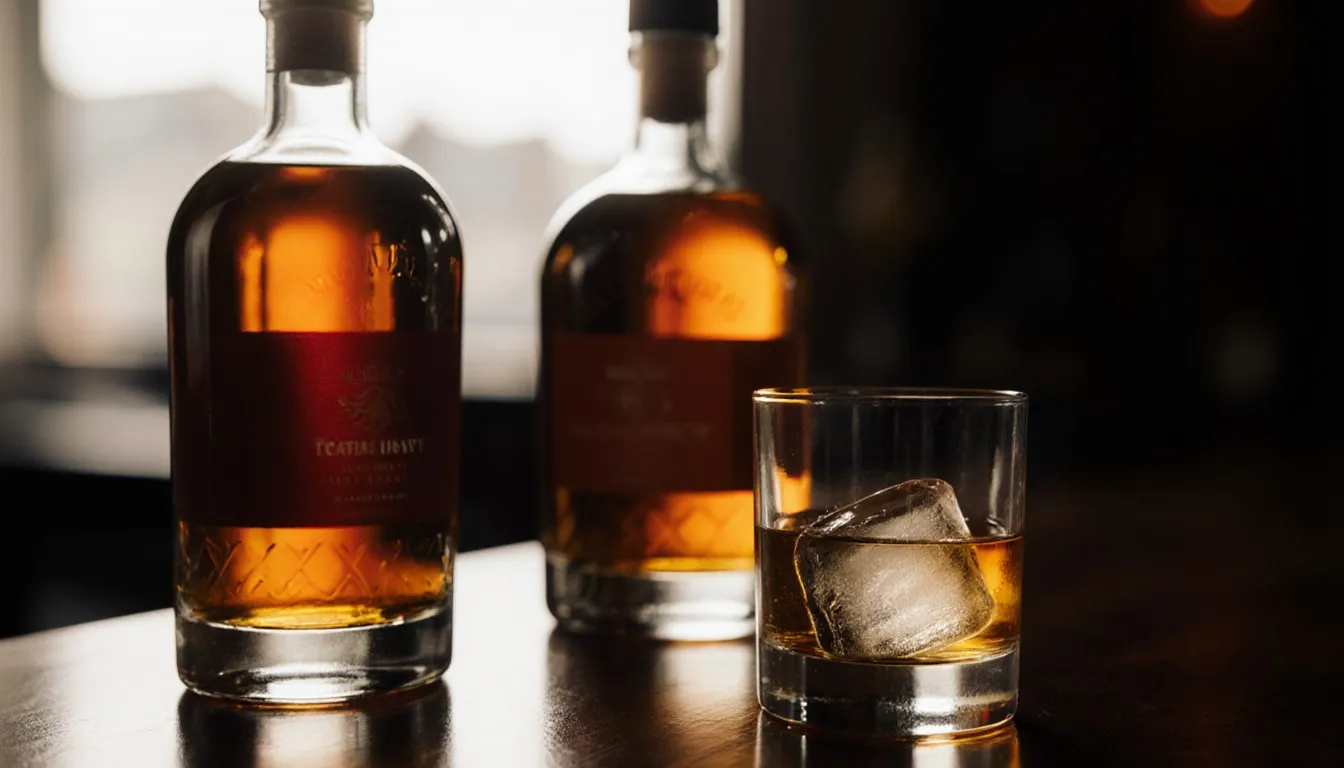 Amber single malt scotch bottles and a filled tasting glass arranged on a dark wooden bar