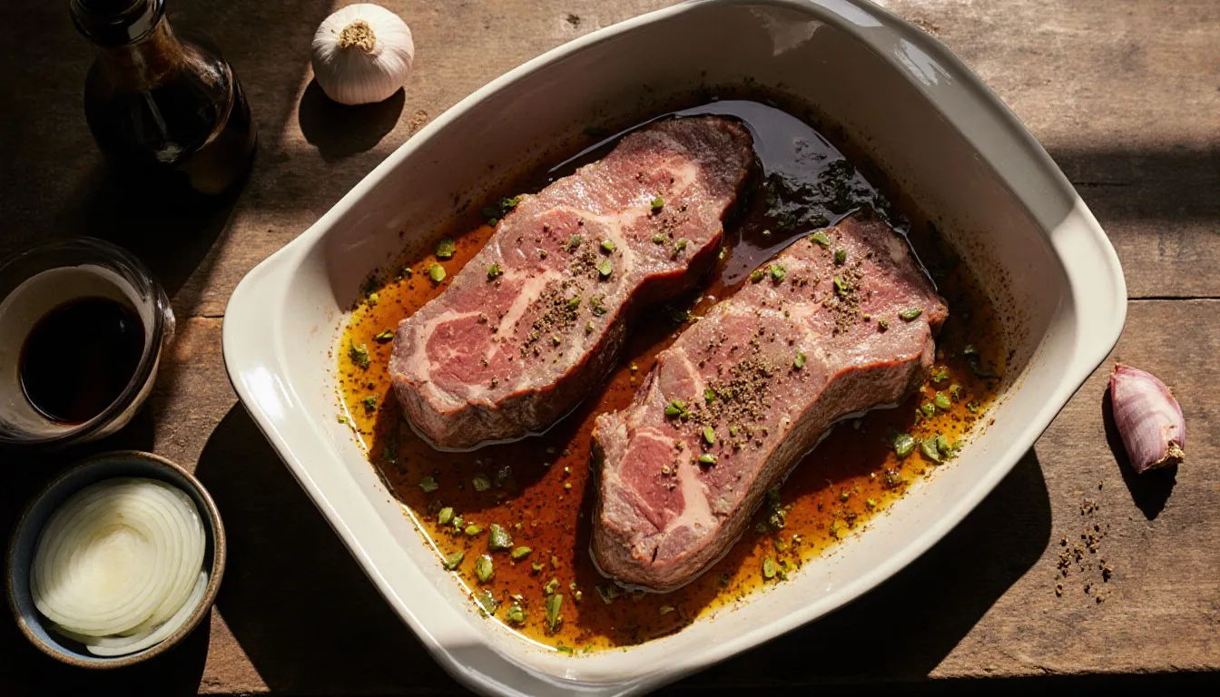 Raw sirloin tip steaks marinating in oil and vinegar with garlic, onion, and Worcestershire sauce nearby